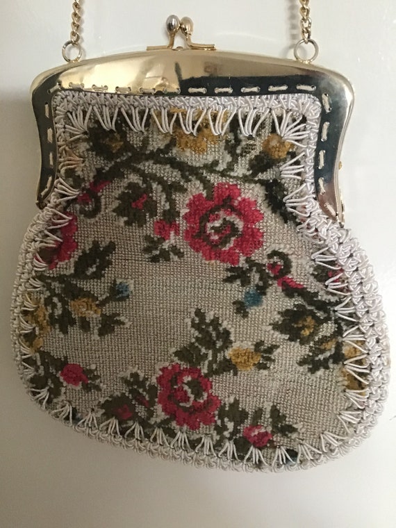 Vintage 70’s Floral Tapestry Purse. Brocade Croche