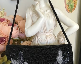 Vintage70’s Woman’s Beaded Purse.Floral Element’s Bag.Black and Grey Beaded Purse. Elegant Beaded Purse. Handmade Beaded Purse.Gift for Her.