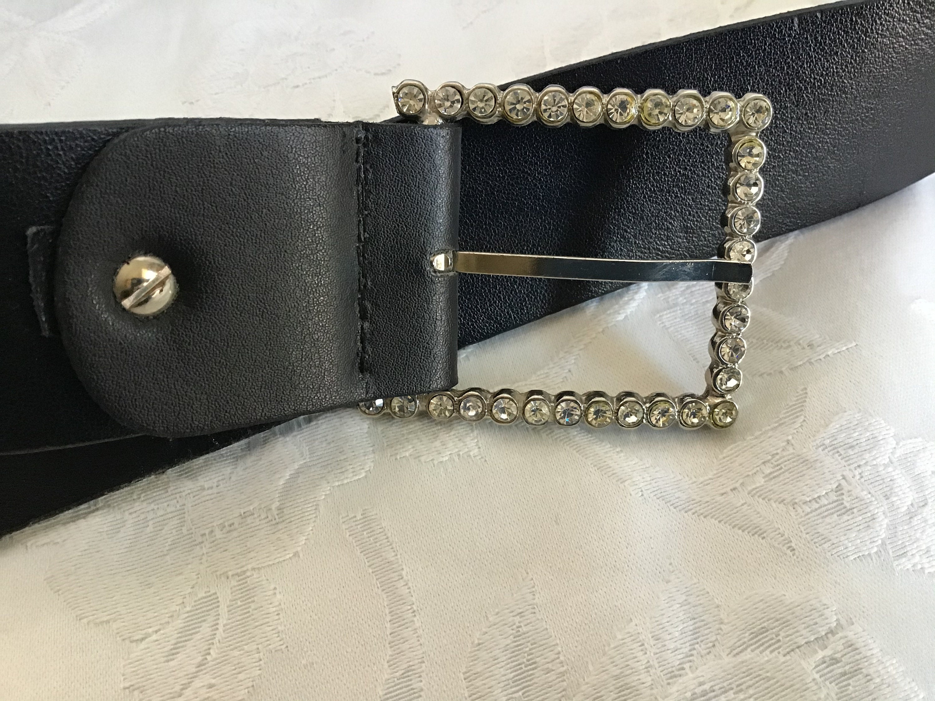 Vintage 80s Swarovski Crystal Black Leather Belt - Italy  display picture 2