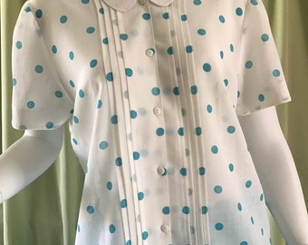 Vintage 80’s  Blue Polka Dot Blouse  Short Sleeve Blouse. Woman’s Blouse. Woman’s Clothes. Summer Blouse. Daily Blouse. AU 10 size Blouse.