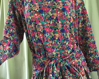 Vintage Floral Dress 70s 80s Australia/ Size L/ Long Sleeve Dress