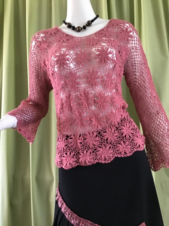 Vintage 70’s Crochet Fuchsia Blouse. Vintage Hand