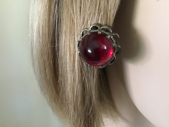 Vintage 60’s ClipOn Earrings. Faux Ruby Stone Cli… - image 1