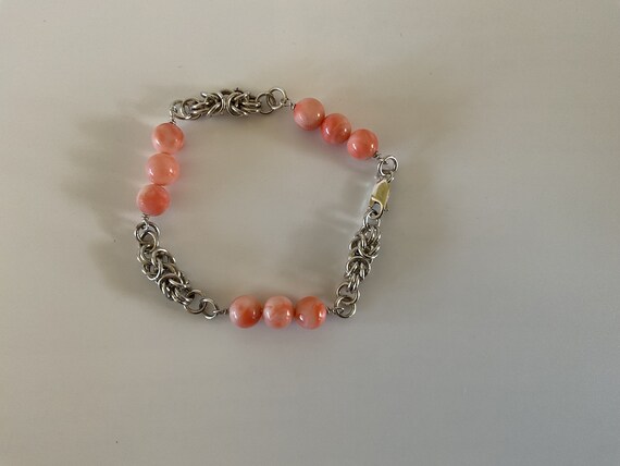Vintage Pink Coral Bracelet: Sterling Silver Byzantine Chain, Boho Hippie Style