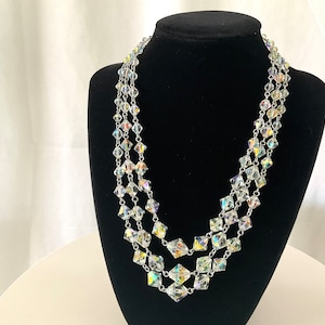 Vintage Austria Triple Strand Necklace/Sparkling Aurora Borealis Crystal Necklace/Beaded Necklace/Faceted Crystal/Brides Gift/Womans Jewelry