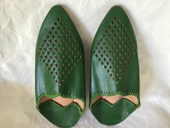 Vintage Leather Slippers. Green Oriental Slippers.