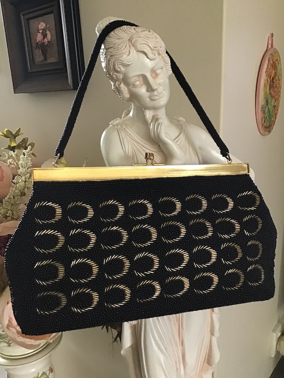 Vintage 70’s Handbag. Black and Gold Beaded Purse.