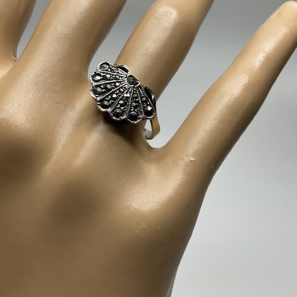 RESERVED Pls.Don’t Order/ 60’s Vintage Marcasite Silver Ring/Woman’s Silver Jewe/Peacock Tail Silver Ring/US Size 7.5 Ring/UK Size P Ring