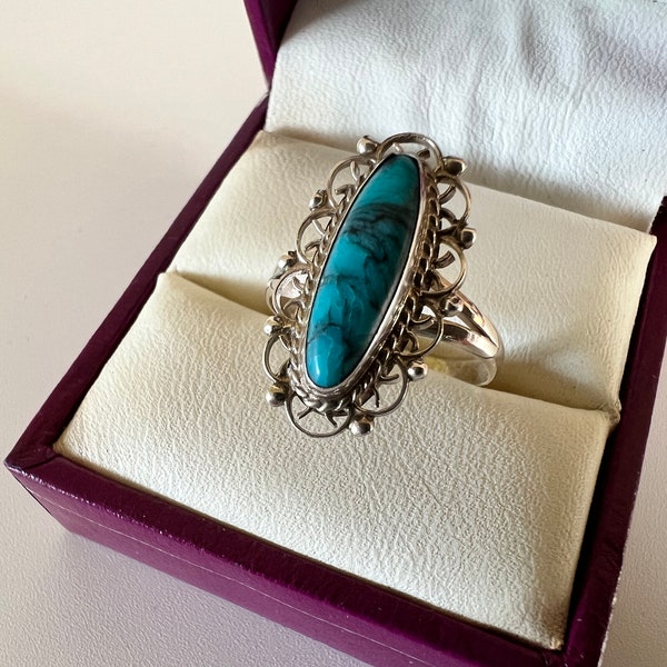 70’s Vintage Mexico  Silver Ring/Filigree Silver Jewel/Turquoise Stone Ring/6.5 US size Ring/ Office Silver Jewellery/Daily Silver Ring/Gift