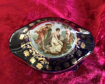 Vintage 56’s Germany Jewels Porcelain Box. Romantic Scene Porcelain Box. Dressing Table Deco. Colonial Gold Decoration Box. Her Anniversary