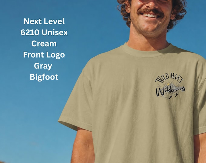 Wild Man's Wilderness Bigfoot Graphic Tees: Front and Back Logo on Next Level® 6210 Unisex