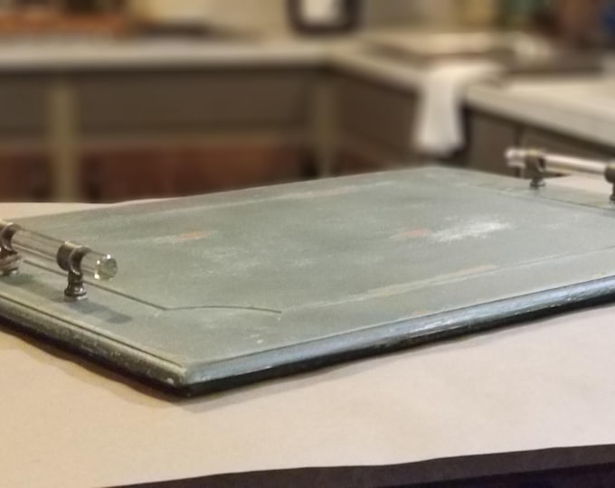Weatherd earthy moss green wood tray with modern glass handles