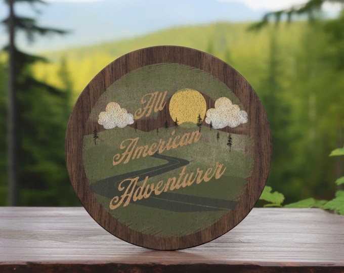 Natural Wood "All American Adventurer" Graphic Art Design Coasters