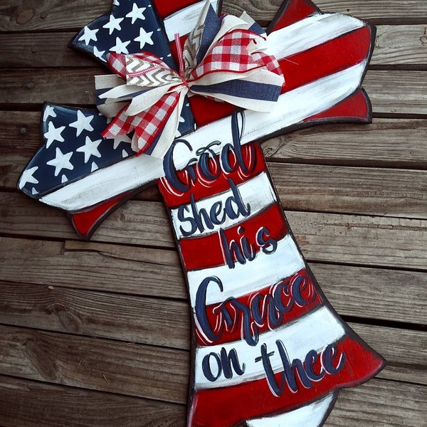 Patriotic Cross free hand painted in our beautiful Red, White, And Blue Flag. Pick your quote, personalization, or greeting.