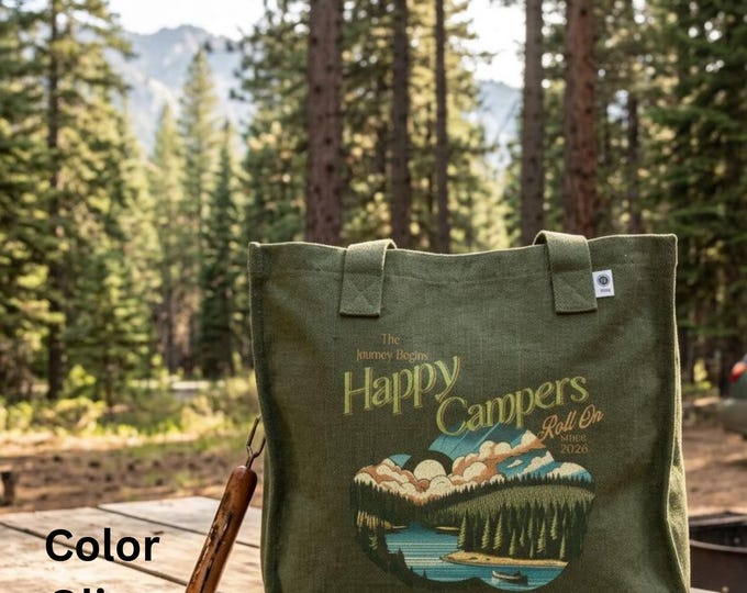 Econscious Hemp Tote Bag with Happy Campers Graphic Art Design