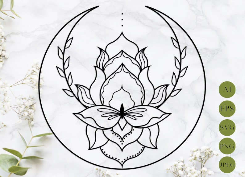 Floral moon svg Mandala laser cut Lotus svg Crescent moon ...