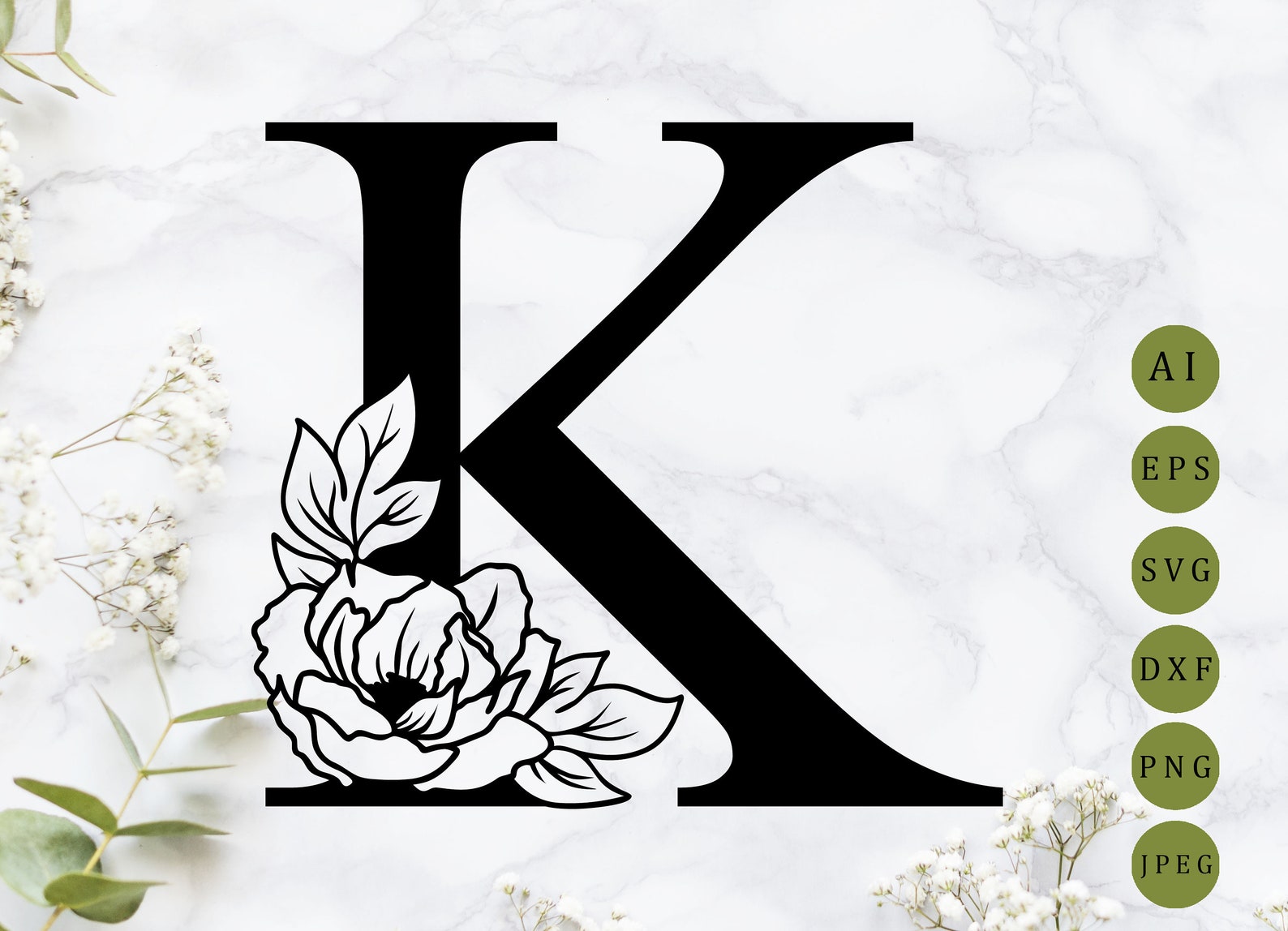 Floral letter K svg Botanical alphabet svg Floral monogram | Etsy