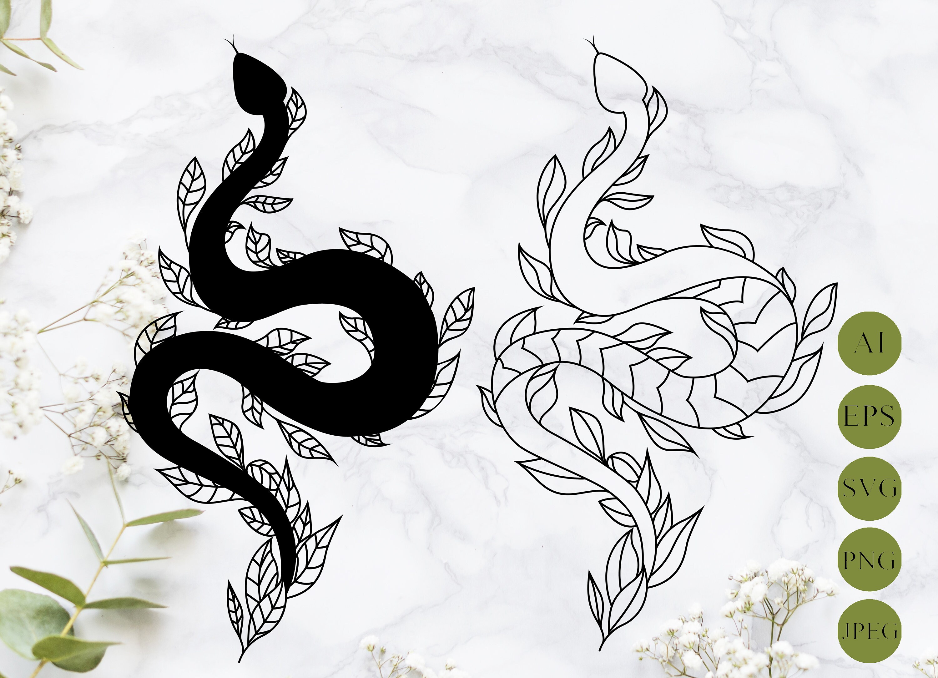 Download Floral Snake Svg Serpent Svg Laser Cut Snake Tattoo Digital Etsy