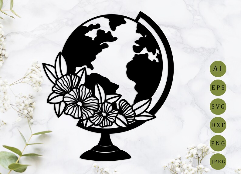 Floral Globe Svg Laser Cut File World Svg Global Map Etsy