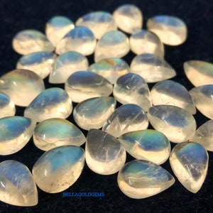 AA Quality 6x8 mm Natural Rainbow Moonstone Pear Cabochon Loose Gems-  Rainbow Moonstone- Blue Fire Rainbow Moonstone Pear Cabs Loose