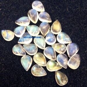 AA Quality 5x7 mm Natural Rainbow Moonstone Pear Cabochon Loose Gems-  Rainbow Moonstone- Blue Fire Rainbow Moonstone Pear Cabs Loose