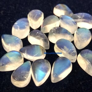AA Quality 7x10 mm Natural Rainbow Moonstone Pear Cabochon Loose Gems-  Rainbow Moonstone- Blue Fire Rainbow Moonstone Pear Cabs Loose