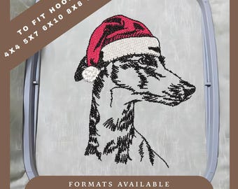 Christmas Greyhound Redwork Embroidery Design: 5 Sizes (Digital Download)