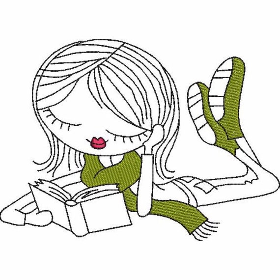 Girl Reading Book Sketch Embroidery Design 2 Instant Download 2 Sizes