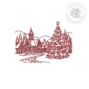 May include: A red machine embroidery design featuring a winter village scene with a church, several pine trees, and a winding path. The design includes a circular logo in the top right corner with the text SKETCH2STITCH MACHINE EMBROIDERY DESIGN.