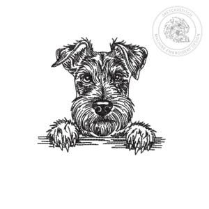 以下が含まれることがあります： 毛並みが荒く、耳が尖ったテリア犬の精巧なイラストが描かれた白黒のミシン刺繍デザイン。前足が水平線の上に置かれています。右上の円形ロゴにはSKETCH2STITCHと記されています。