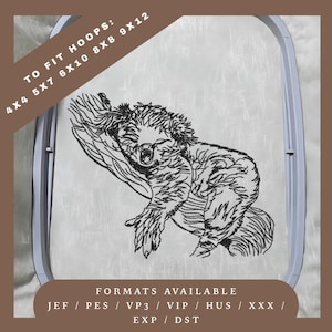 Borduurontwerp koalabeer – Redwork-schetspatroon – 5 ringformaten – Direct downloaden