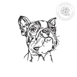 May include: A black and white machine embroidery design featuring a detailed line art illustration of a Boston Terrier dog head. The circular logo in the top right corner contains a small dog illustration and the text SKETCH2STITCH MACHINE EMBROIDERY DESIGN.
