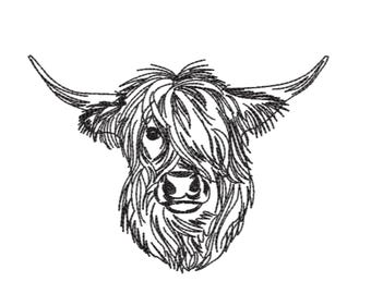 Scottish Highland Cow Redwork Sketch Machine Embroidery Design - 4 Sizes - instant download