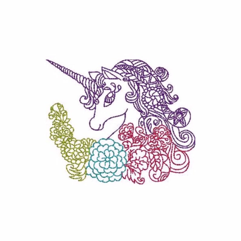 Unicorn and Flowers Linework Redwork Machine Embroidery Design | Etsy