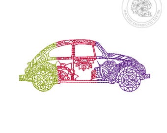 May include: A machine embroidery design featuring a side profile of a classic car with intricate mandala-style patterns. The car is divided into three color sections: lime green at the rear, red in the center, and purple at the front.