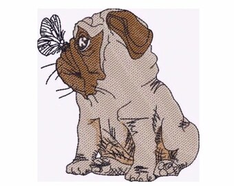 Pug and Butterfly Sketch Machine Embroidery Design - Instant Download