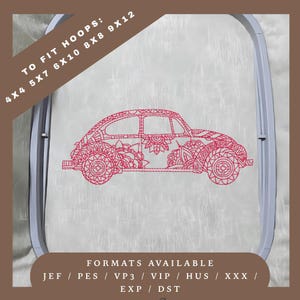 Motif de broderie voiture hippie classique - motif de croquis redwork - 5 tailles de cercle - téléchargement immédiat