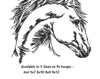 Redwork Sketch Machine Embroidery Design - Horse Portrait - 5 Sizes 9X12 8X8 6X10 5X7 4X4 - Digital Instant Download