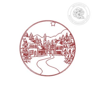 Desenho de bordado Redwork com cena natalina de inverno: padrão de esboço vintage (bastidor 4x4 a 9x12)