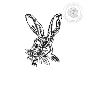 May include: A black and white machine embroidery design featuring a detailed sketch of a hare with long ears and prominent whiskers. In the upper right corner, a circular logo contains a small dog illustration and the text SKETCH2STITCH MACHINE EMBROIDERY DESIGN.