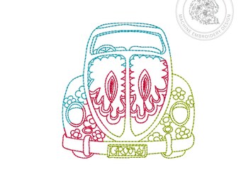 May include: A machine embroidery design featuring the front view of a car with a floral pattern on the fenders and a hood decorated with paisley-like shapes. The license plate displays the word GROOVY. A circular logo with a dog icon reads SKETCH2STITCH.
