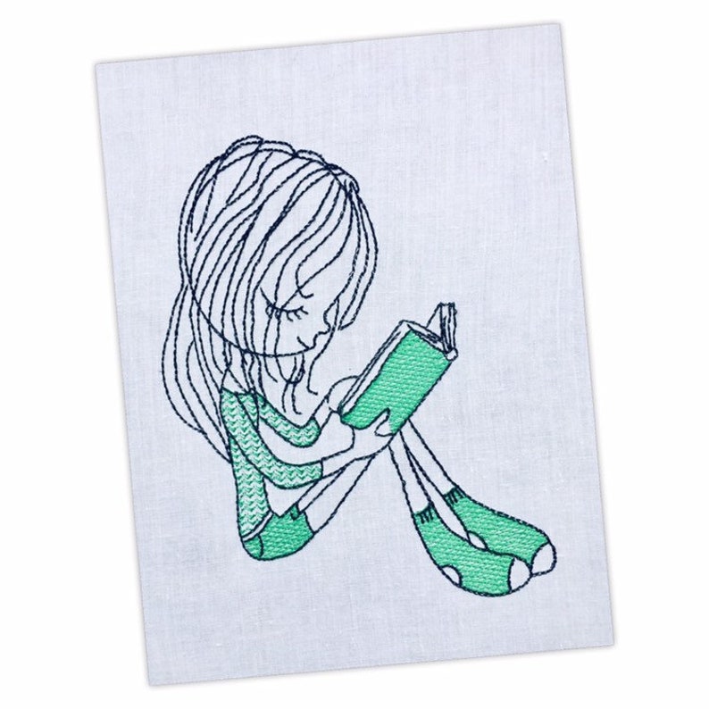 Swirly Girls Reading Set of 4 Sketch Machine Embroidery Design Instant Download 2 Sizes image 6