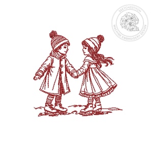 May include: A red machine embroidery design featuring two children holding hands while ice skating. Both figures wear winter coats, striped stockings, and pom-pom hats. A circular logo in the top right corner reads SKETCH2STITCH MACHINE EMBROIDERY DESIGN.