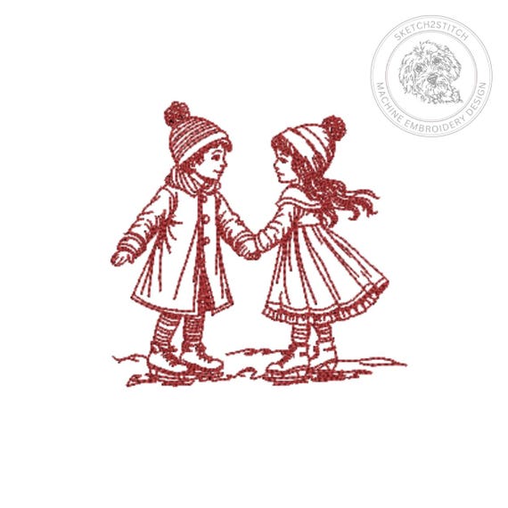Vintage Christmas Childrens Embroidery Design – Redwork Sketch Pattern – To fit hoops 4x4 to 9x12