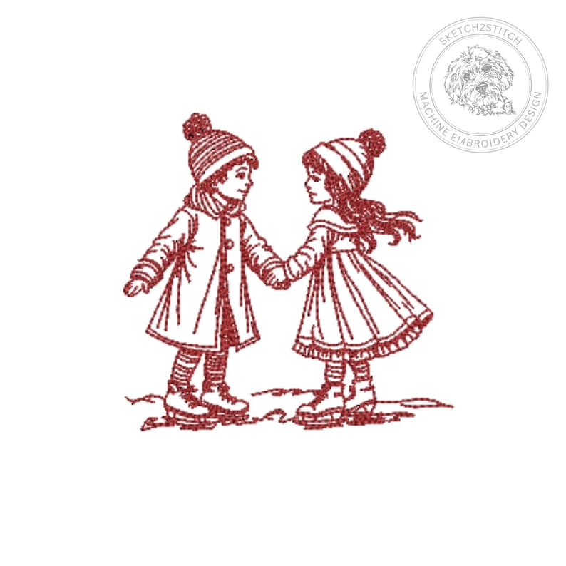 May include: A red machine embroidery design featuring two children holding hands while ice skating. Both figures wear winter coats, striped stockings, and pom-pom hats. A circular logo in the top right corner reads SKETCH2STITCH MACHINE EMBROIDERY DESIGN.