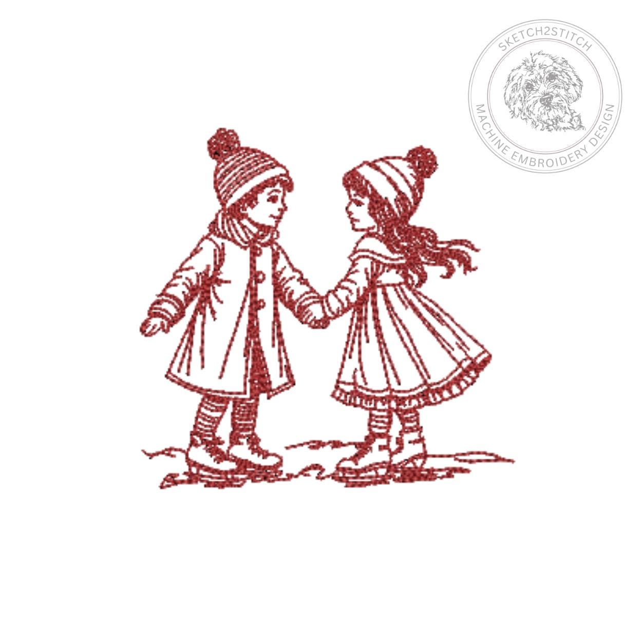 Motif de broderie vintage pour enfants de Noël – motif de croquis Redwork – pour créer des cerceaux de 4 x 4 à 9 x 12