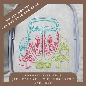 Motif de broderie voiture hippie classique - motif de croquis redwork - 5 tailles de cercle - téléchargement immédiat