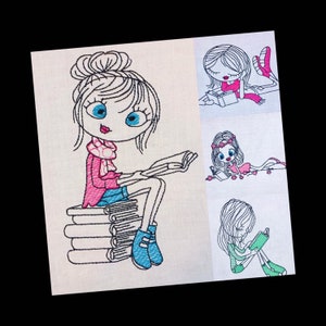 Swirly Girls Reading Set of 4 Sketch Machine Embroidery Design Instant Download 2 Sizes image 2