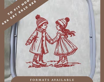 Vintage Christmas Childrens Embroidery Design – Redwork Sketch Pattern – To fit hoops 4x4 to 9x12