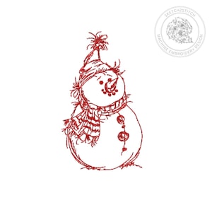 Pode incluir: Um desenho de bordado à máquina vermelho de um boneco de neve usando um gorro de tricô com pompom e um cachecol com franjas. O boneco de neve tem nariz de cenoura, olhos e boca de carvão e dois botões circulares no torso.